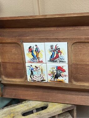 Vintage Spanish Dance Ceramic Tile Panel - tray w/ colorful Flamenco Scenes